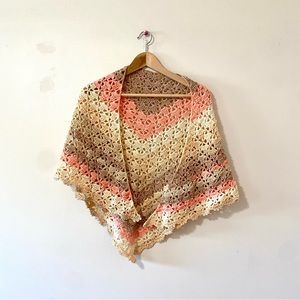 Handmade Crochet Shawl Wrap Granny Style Pink Beige Cream Tan Retro Vtg